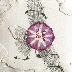Bindweed flower with sparrowhawk wings surrounding the words "Love" and "Law" 