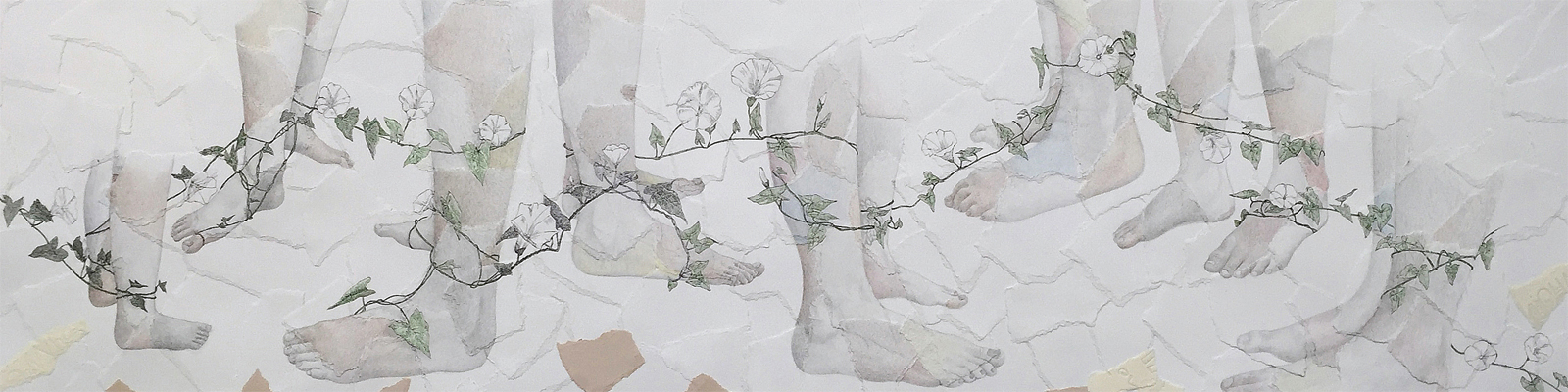 Drawing of feet and ankles connected by vines and flowers by Kim Vanderheiden